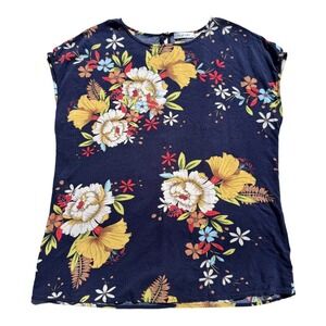 Torary 100% Rayon Navy Blue Floral Print Crepe Blouse Drop Shoulder Size M Boho‎